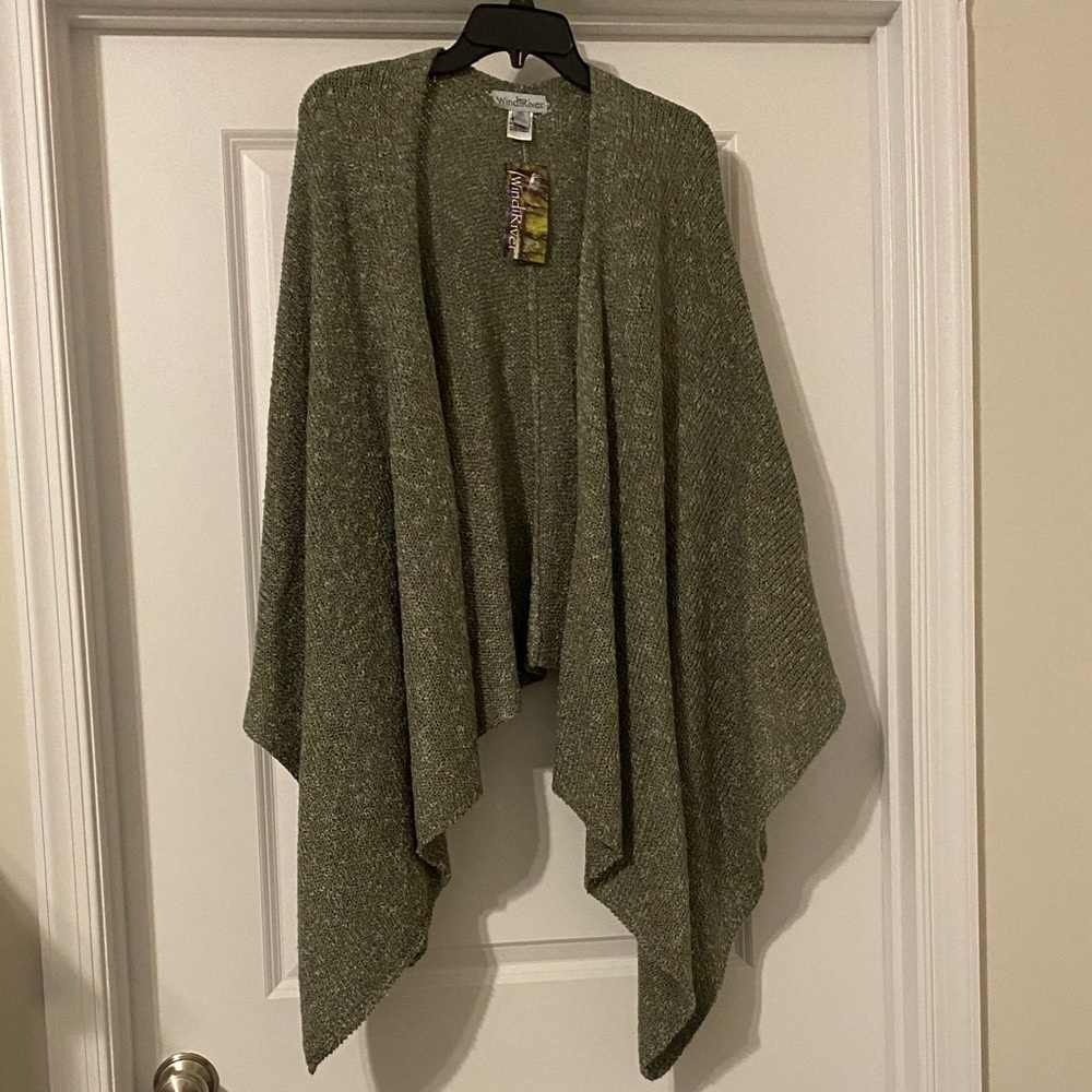 Open-Front Olive Green Draped Knit Sweater